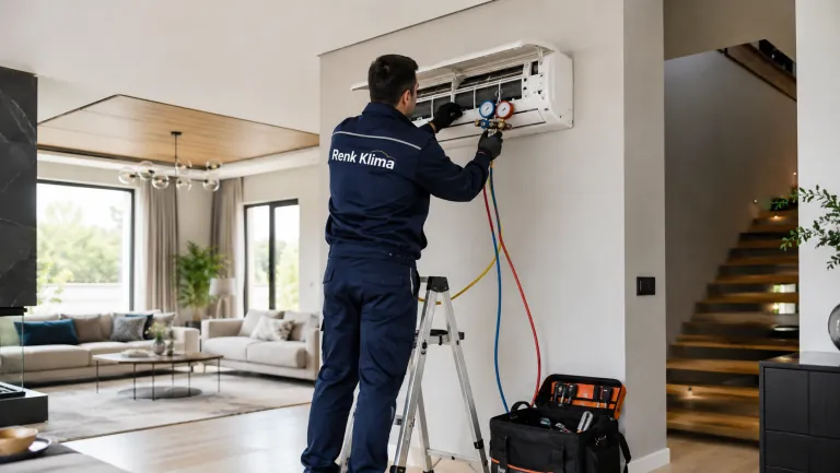 Renk Klima teknisyeni manifold manometresiyle klima gaz basıncını ölçüyor