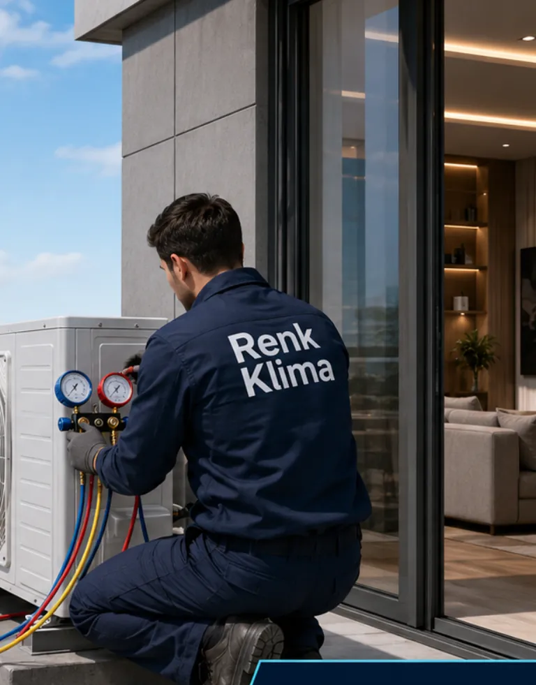 Renk Klima teknisyeni balkonda multi klima dış ünitesini manifoldla devreye alıyor