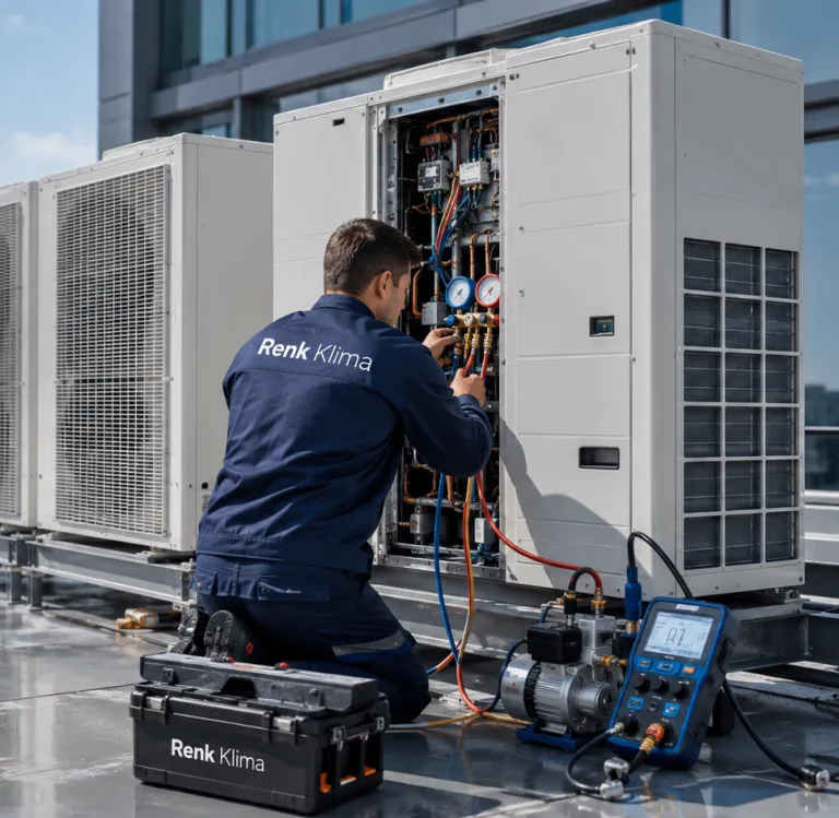 Renk Klima teknisyeni çatıdaki VRF dış ünite grubunda manifold ve vakum pompasıyla çalışıyor